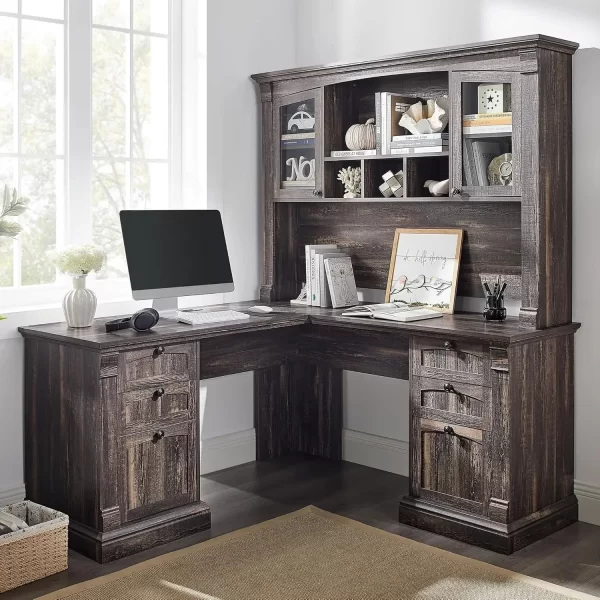 Shaped Executive Desk  Hutch and Drawers