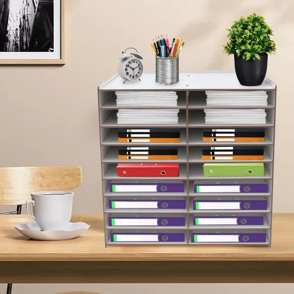 9-Tier File Fold Holder Rack Office Paper Organizer Magazine Storage Book Shelf Wood Desktop File Organizer Document 18 Grids - Image 2
