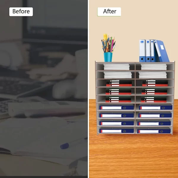 9-Tier File Fold Holder Rack Office Paper Organizer Magazine Storage Book Shelf Wood Desktop File Organizer Document 18 Grids - Image 4