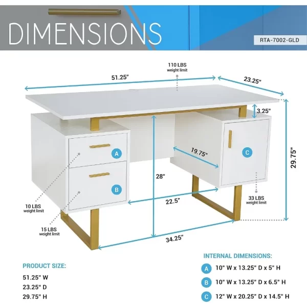 Mobili Storage Drawers and Cabinet 51.25” W-Modern Office Large Floating Desktop - Image 3