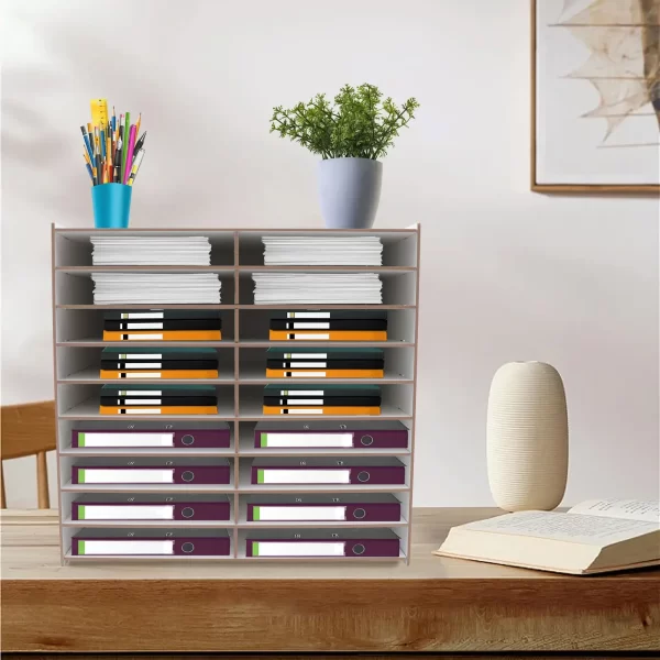 9-Tier File Fold Holder Rack Office Paper Organizer Magazine Storage Book Shelf Wood Desktop File Organizer Document 18 Grids - Image 3
