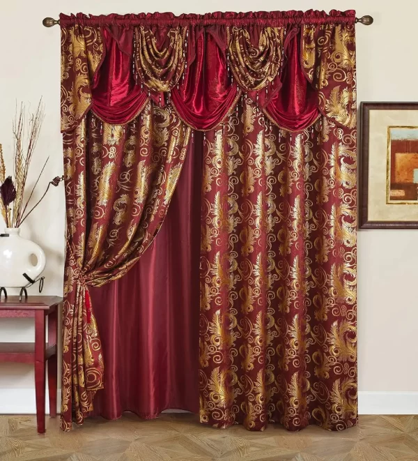 Jacquard Luxury Window 2 Panel Set Burgundy Gold Curtain with Attached Valance and Backing - Image 13