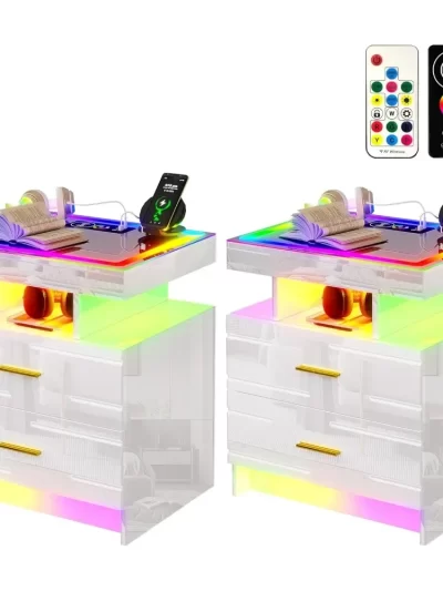 2-Piece Set of Bedside Table with Wireless Charging Station, LED Lights, and 2 Drawers with Smooth Smart Bedside Table
