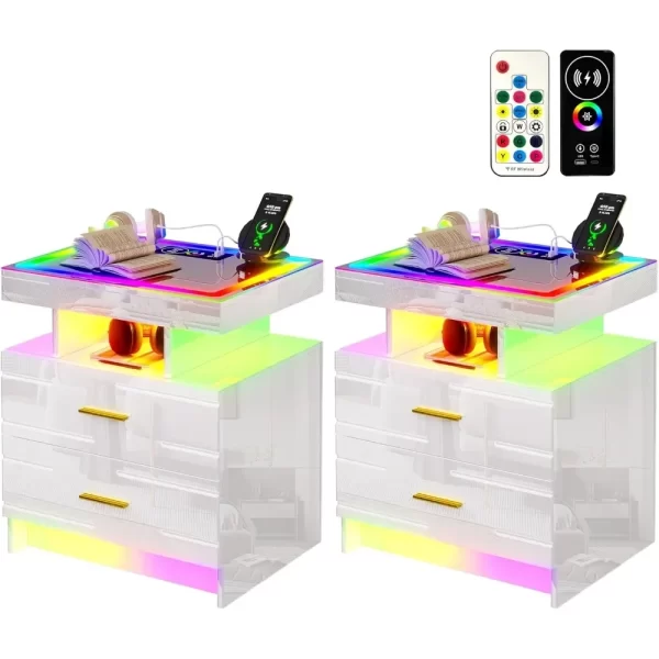 2-Piece Set of Bedside Table with Wireless Charging Station, LED Lights, and 2 Drawers with Smooth Smart Bedside Table