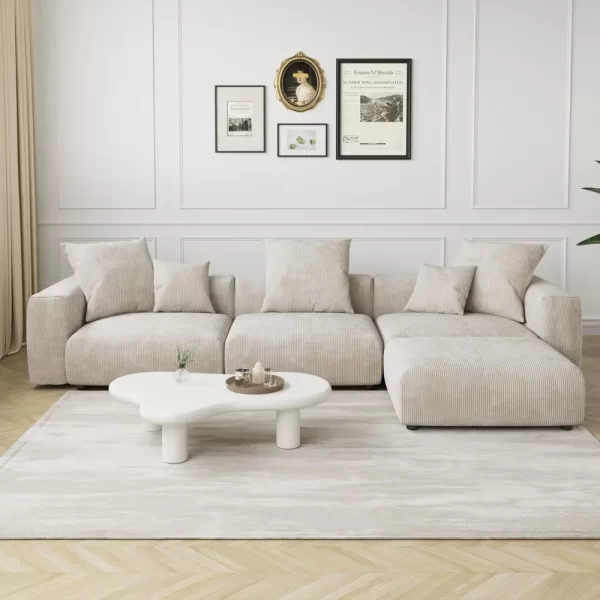 Luxurious Modular Sectional Couch with 5 Pillows and Chaise Ottoman, Cushion Covers Removable