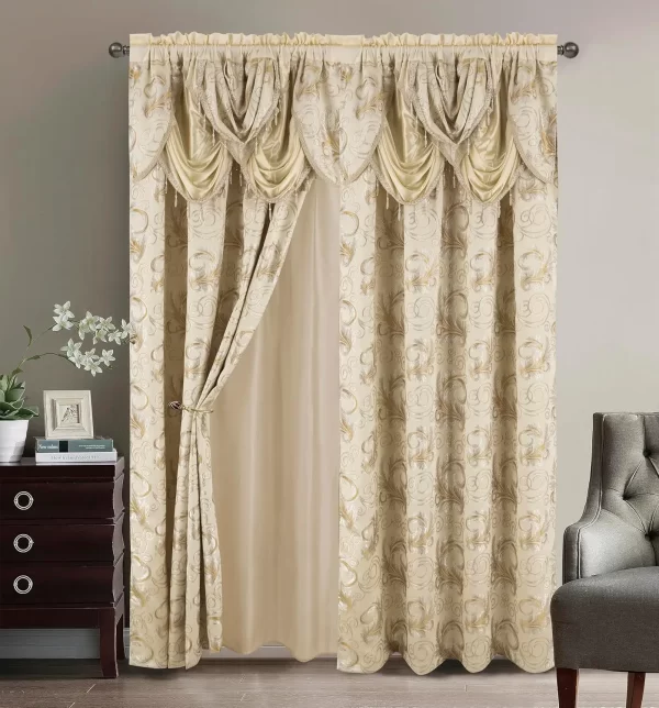 Jacquard Luxury Window 2 Panel Set Burgundy Gold Curtain with Attached Valance and Backing - Image 12