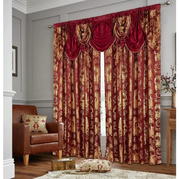 Jacquard Luxury Window 2 Panel Set Burgundy Gold Curtain with Attached Valance and Backing - Image 3
