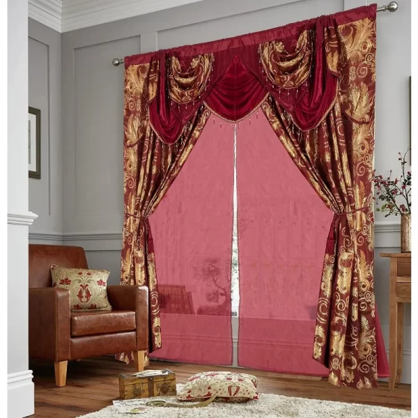 Jacquard Luxury Window 2 Panel Set Burgundy Gold Curtain with Attached Valance and Backing - Image 2