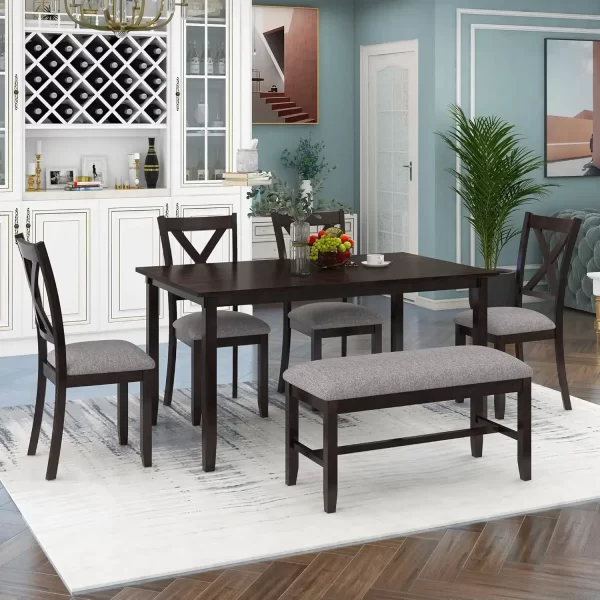 6 Pieces Wood Dining Table Set with Bench - Image 7