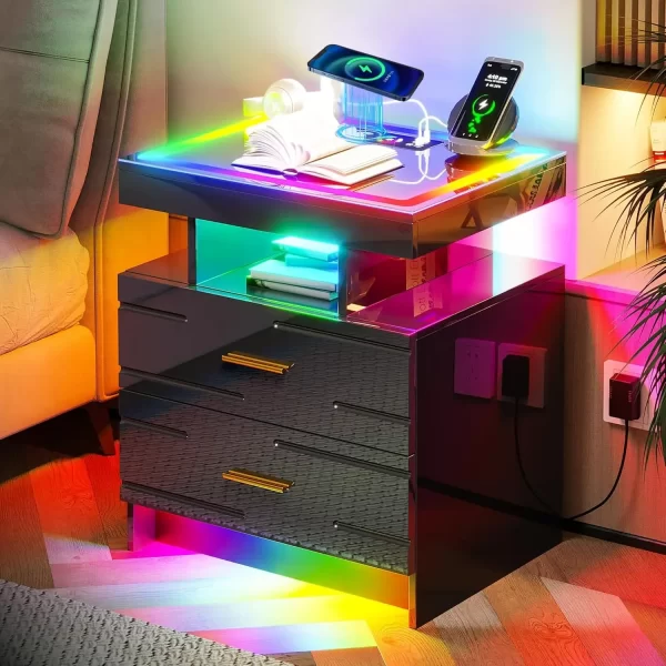 2-Piece Set of Bedside Table with Wireless Charging Station, LED Lights, and 2 Drawers with Smooth Smart Bedside Table - Image 6