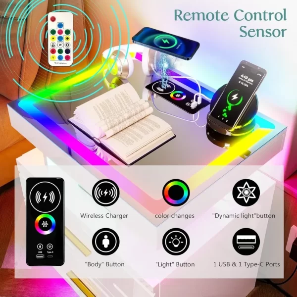 2-Piece Set of Bedside Table with Wireless Charging Station, LED Lights, and 2 Drawers with Smooth Smart Bedside Table - Image 5