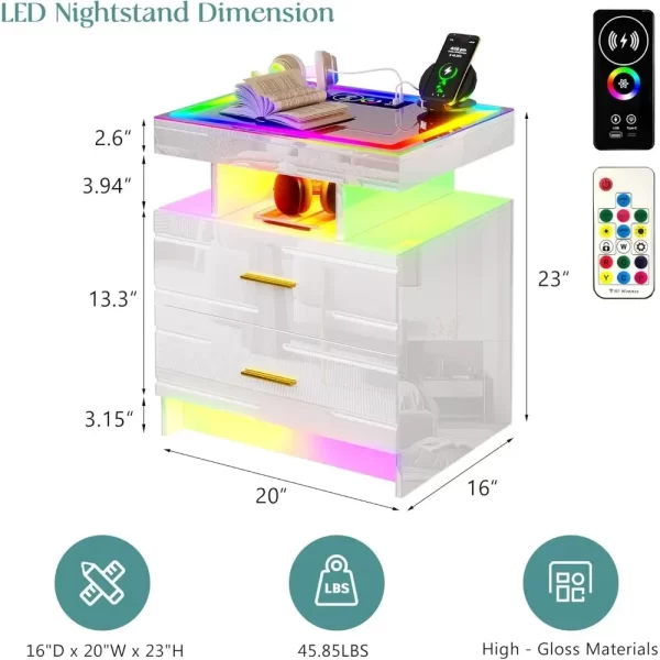 2-Piece Set of Bedside Table with Wireless Charging Station, LED Lights, and 2 Drawers with Smooth Smart Bedside Table - Image 3