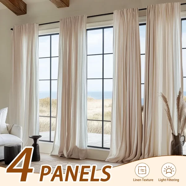 INCHAN 4PCS Farmhouse Light Filtering Curtains For Living Room Bedroom Luxury Linen Texture Curtain Rod Pocket Window Drapes - Image 2