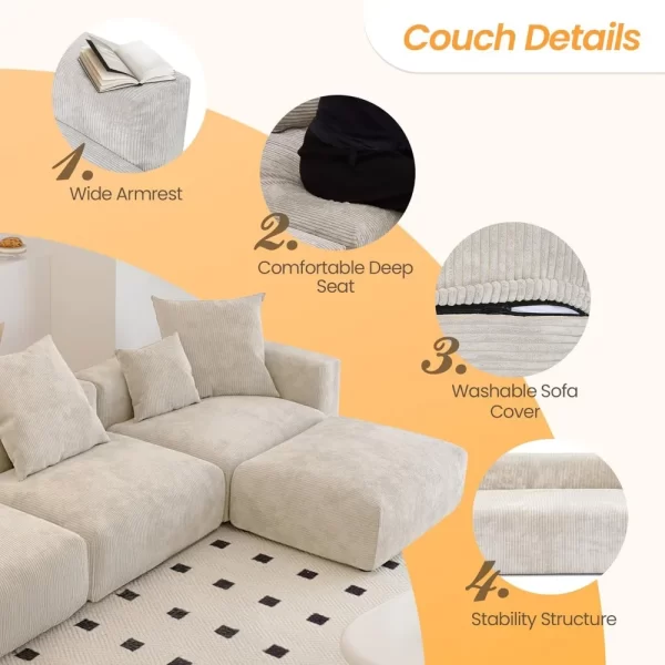 Luxurious Modular Sectional Couch with 5 Pillows and Chaise Ottoman, Cushion Covers Removable - Image 3