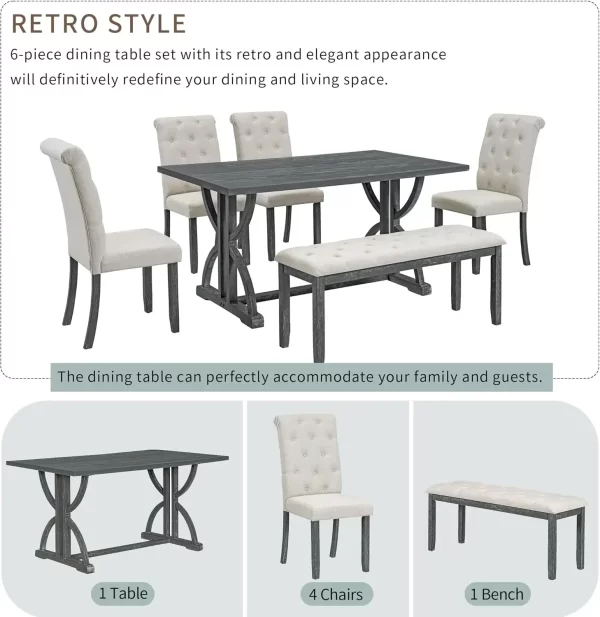 6 Pieces Wood Dining Table Set with Bench - Image 5