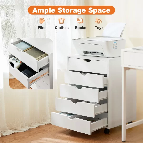 JHK Wood Nightstand Cabinet 5 Drawers Waterproof Surface Storage Organizer File Office Easy To Move Bedside Table Rotating Wheel - Image 4