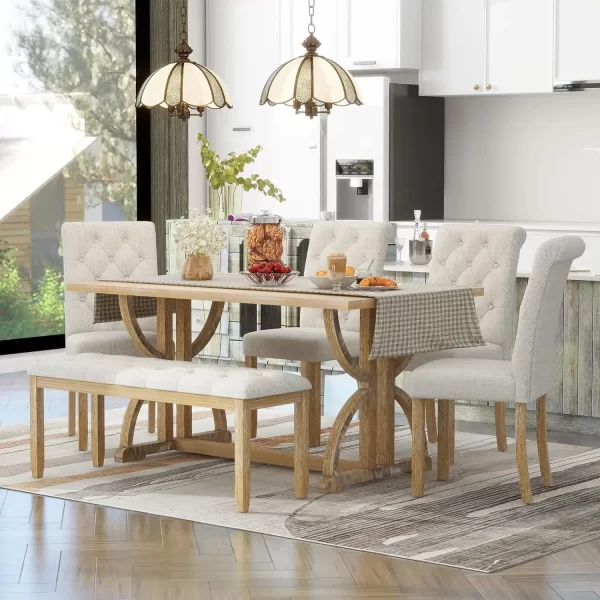 6 Pieces Wood Dining Table Set with Bench - Image 8