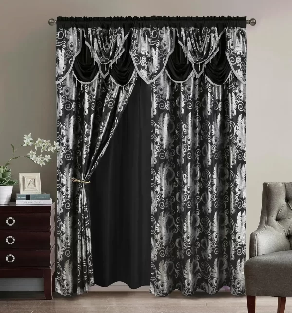 Jacquard Luxury Window 2 Panel Set Burgundy Gold Curtain with Attached Valance and Backing - Image 11