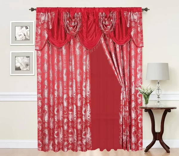 Jacquard Luxury Window 2 Panel Set Burgundy Gold Curtain with Attached Valance and Backing - Image 7