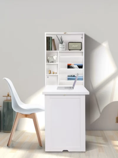 Modern Compact Wood Wall Mounted Folding Desk Cabinet Convertible Writing Desk for Home Office with Storage, White
