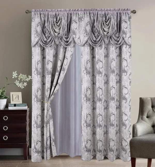 Jacquard Luxury Window 2 Panel Set Burgundy Gold Curtain with Attached Valance and Backing - Image 10