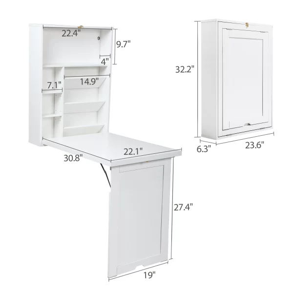 Modern Compact Wood Wall Mounted Folding Desk Cabinet Convertible Writing Desk for Home Office with Storage, White - Image 5