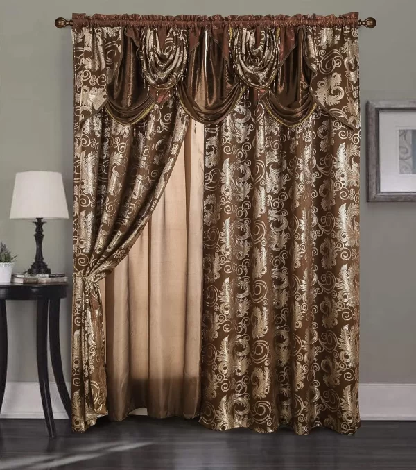 Jacquard Luxury Window 2 Panel Set Burgundy Gold Curtain with Attached Valance and Backing - Image 14
