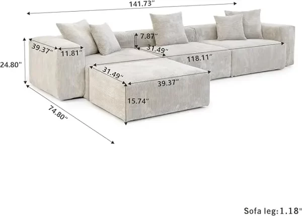 Luxurious Modular Sectional Couch with 5 Pillows and Chaise Ottoman, Cushion Covers Removable - Image 7