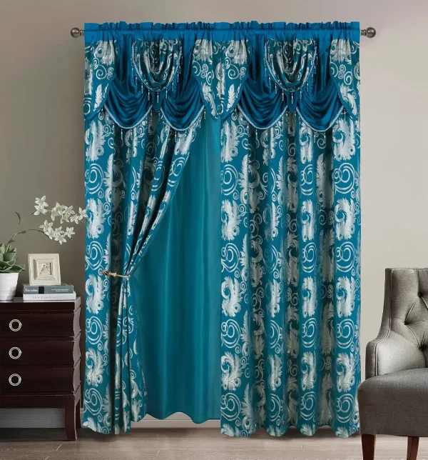 Jacquard Luxury Window 2 Panel Set Burgundy Gold Curtain with Attached Valance and Backing - Image 9