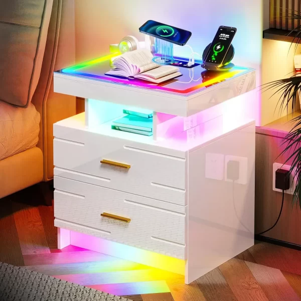 2-Piece Set of Bedside Table with Wireless Charging Station, LED Lights, and 2 Drawers with Smooth Smart Bedside Table - Image 7