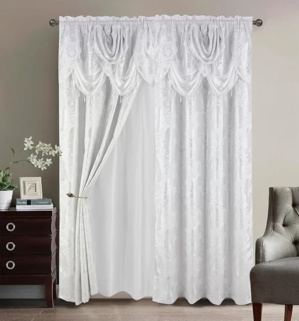 Jacquard Luxury Window 2 Panel Set Burgundy Gold Curtain with Attached Valance and Backing - Image 16
