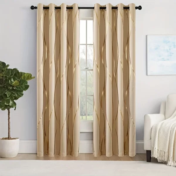 2Pcs Golden Wave & Circle Blackout Curtains Thermal Insulated Light Filtering Drapes with Grommet Top  Living Room Bedroom - Image 2