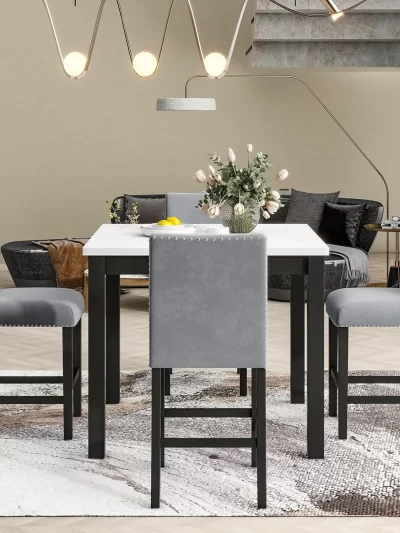 5-Piece Counter Height Dining Table Set with One Faux Marble Top