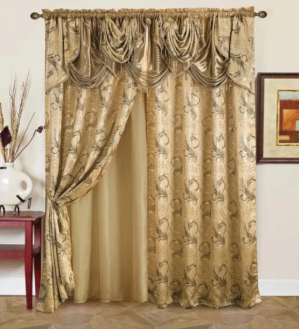 Jacquard Luxury Window 2 Panel Set Burgundy Gold Curtain with Attached Valance and Backing - Image 15