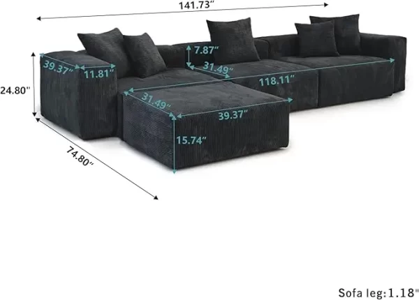 Luxurious Modular Sectional Couch with 5 Pillows and Chaise Ottoman, Cushion Covers Removable - Image 8
