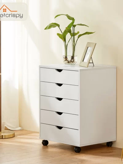 JHK Wood Nightstand Cabinet 5 Drawers Waterproof Surface Storage Organizer File Office Easy To Move Bedside Table Rotating Wheel