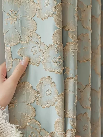 Blue Gliding 3D Embossed Flower Jacquard Bedroom Curtains, Luxury Bronzing Exquisite Semi-Shade Living Room, Kitchen Drapes Decor