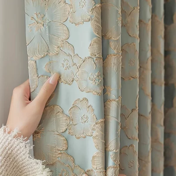 Blue Gliding 3D Embossed Flower Jacquard Bedroom Curtains, Luxury Bronzing Exquisite Semi-Shade Living Room, Kitchen Drapes Decor