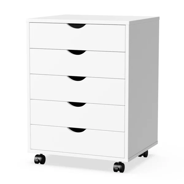 JHK Wood Nightstand Cabinet 5 Drawers Waterproof Surface Storage Organizer File Office Easy To Move Bedside Table Rotating Wheel - Image 6
