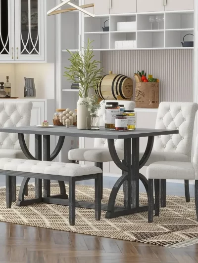 6 Pieces Wood Dining Table Set with Bench