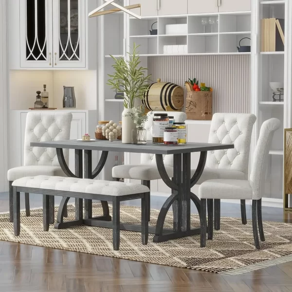 6 Pieces Wood Dining Table Set with Bench