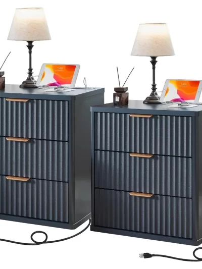23" Wide Fluted Farmhouse Night Stand Set of 2 with Charging Station