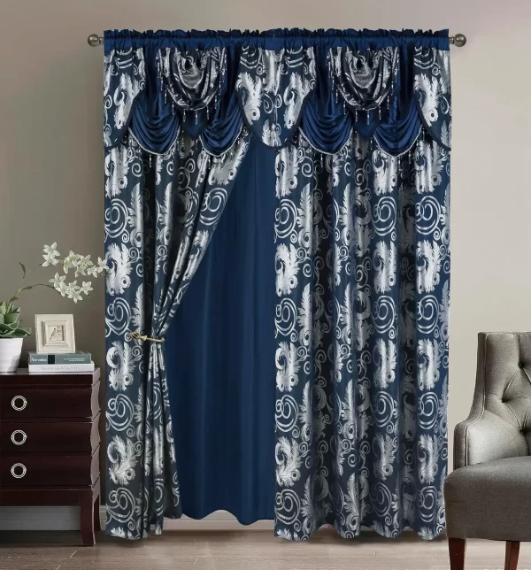 Jacquard Luxury Window 2 Panel Set Burgundy Gold Curtain with Attached Valance and Backing - Image 8