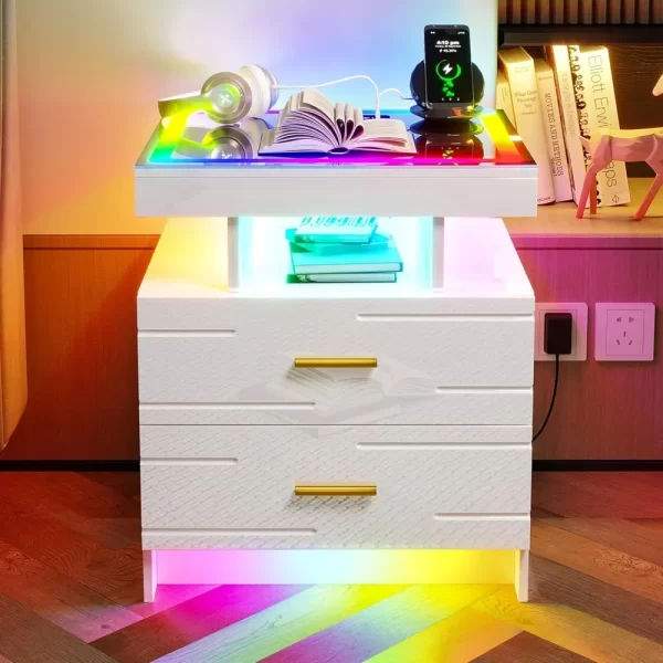 2-Piece Set of Bedside Table with Wireless Charging Station, LED Lights, and 2 Drawers with Smooth Smart Bedside Table - Image 2