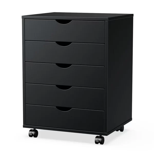 JHK Wood Nightstand Cabinet 5 Drawers Waterproof Surface Storage Organizer File Office Easy To Move Bedside Table Rotating Wheel - Image 7