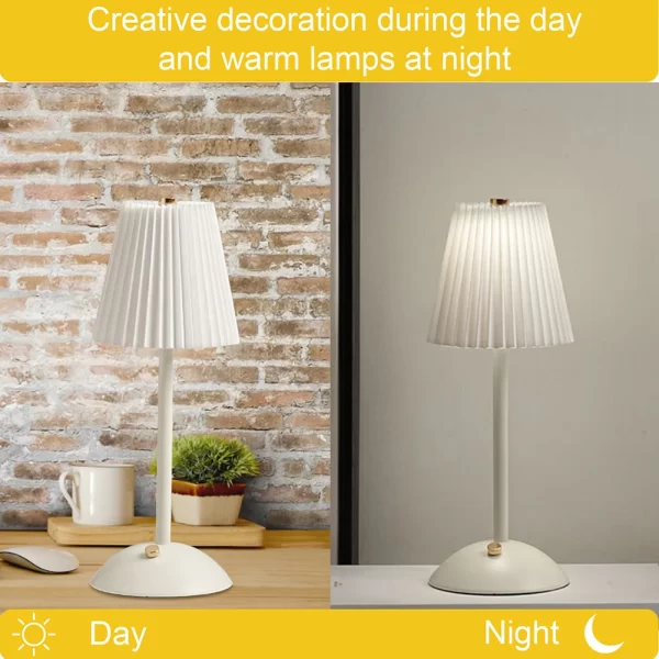 Pleated Shade Warm with Metal Base Nordic Decorative Rechargeable 3 Colors Dimmable Night Light - Image 3
