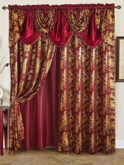 Jacquard Luxury Window 2 Panel Set Burgundy Gold Curtain with Attached Valance and Backing