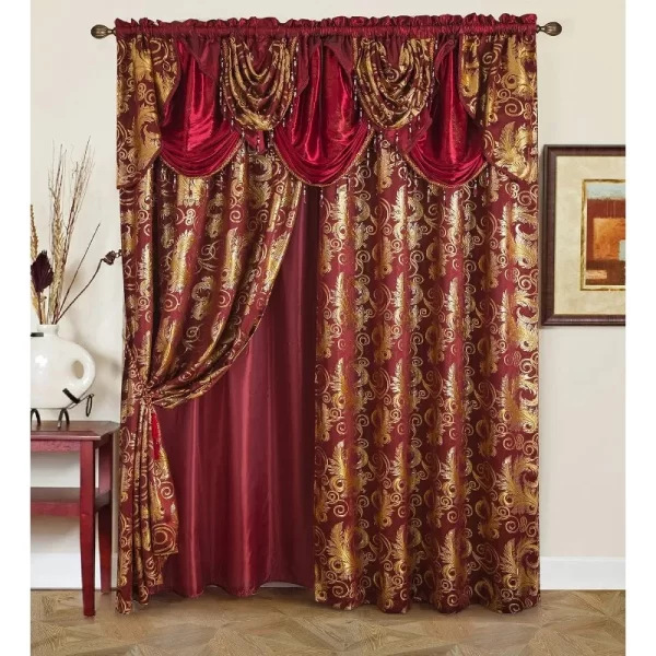 Jacquard Luxury Window 2 Panel Set Burgundy Gold Curtain with Attached Valance and Backing