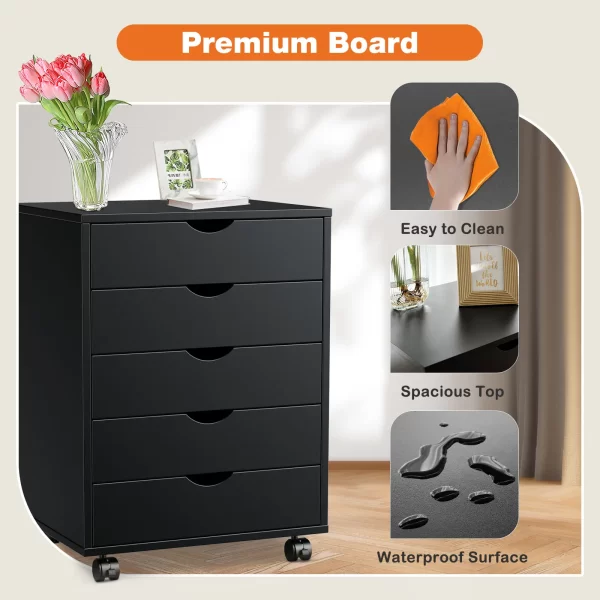JHK Wood Nightstand Cabinet 5 Drawers Waterproof Surface Storage Organizer File Office Easy To Move Bedside Table Rotating Wheel - Image 5