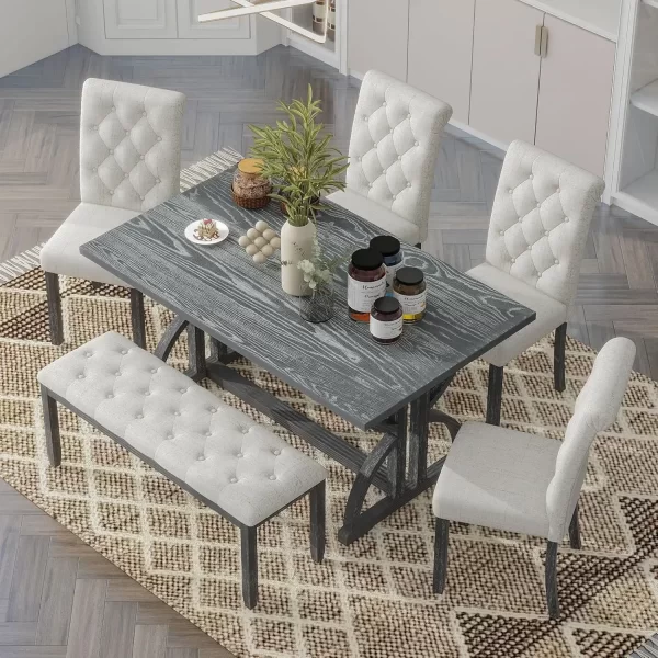 6 Pieces Wood Dining Table Set with Bench - Image 2